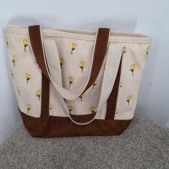 Lands' End Cream Canvas Tote with Yellow Flower Embroidery and Brown Trim - Picture 4 of 8